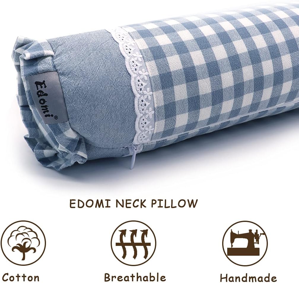 Buckwheat Hull Neck Roll Pillow -15.7" x4.7” Adjustable Firmness Cervical Support for Sleep & Yoga, Cooling Floral Cotton Cover, Ergonomic Bolster Pillow, Blue