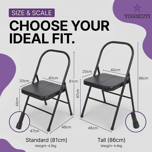 Yogikuti Standard Yoga Chair – Backless Folding Chair for Iyengar & Restorative Yoga Practice, Sturdy Metal Frame Chair for Support, Balance, Stretching, Meditation & Therapy Exercises (Black)