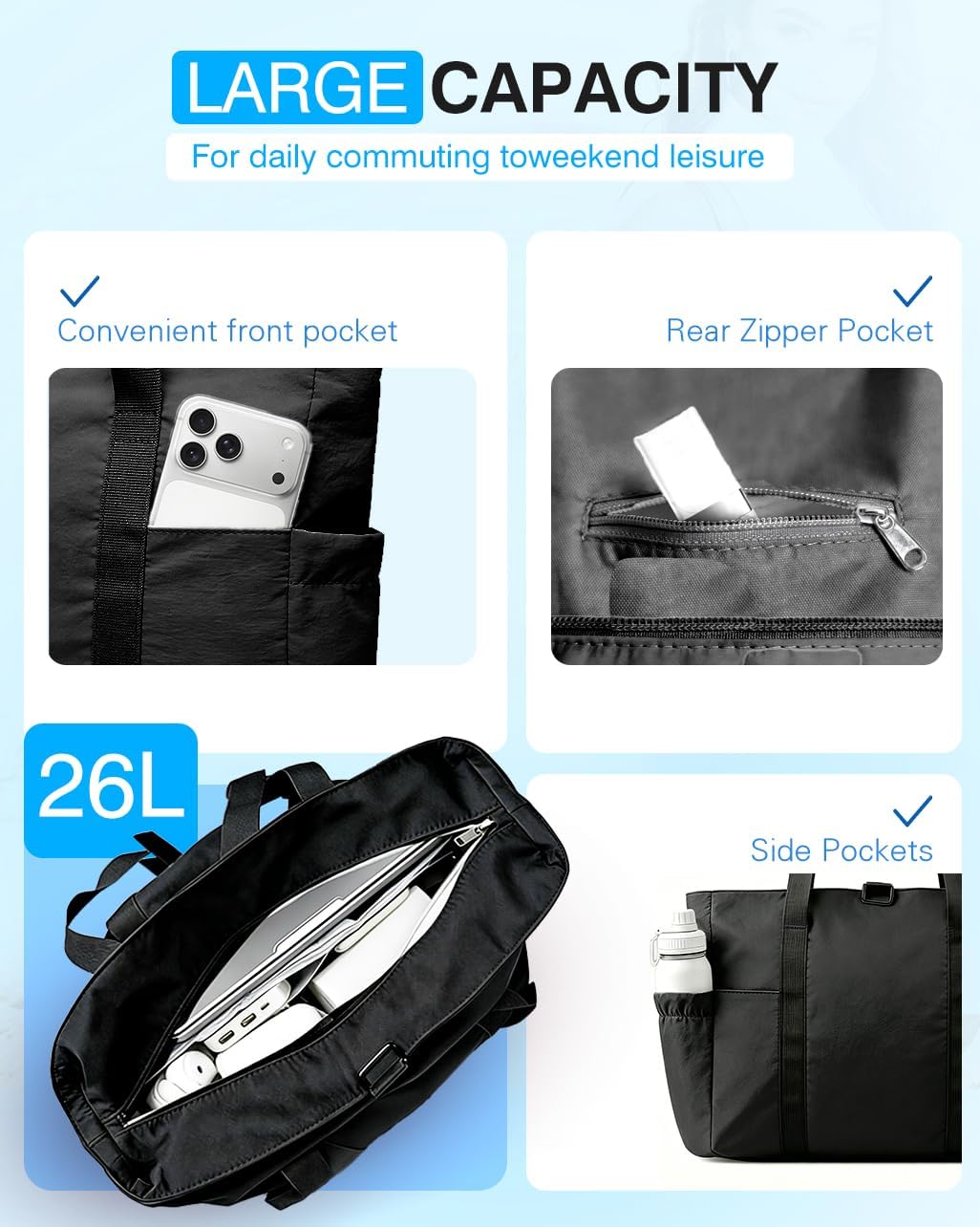 Tote Bag for Women, 26L Capacity Travel Purses Work Bag, Small Zipper Tote Bag for Travel Nurse Gym Teacher