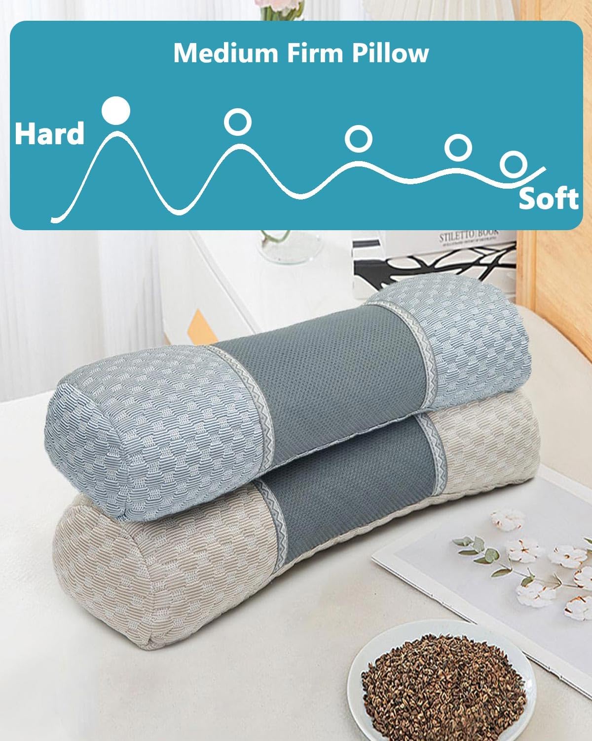 Buckwheat Hull Neck Roll Pillow -15.7" x4.7” Adjustable Firmness Cervical Support for Sleep & Yoga, Cooling Floral Cotton Cover, Ergonomic Bolster Pillow, Blue