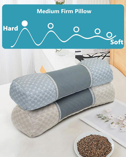 Buckwheat Hull Neck Roll Pillow -15.7" x4.7” Adjustable Firmness Cervical Support for Sleep & Yoga, Cooling Floral Cotton Cover, Ergonomic Bolster Pillow, Blue