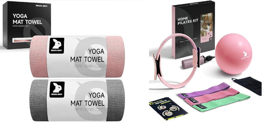 Yoga Mat Towel 72"x25" (Pink + Gray) & Home Pilates Kit