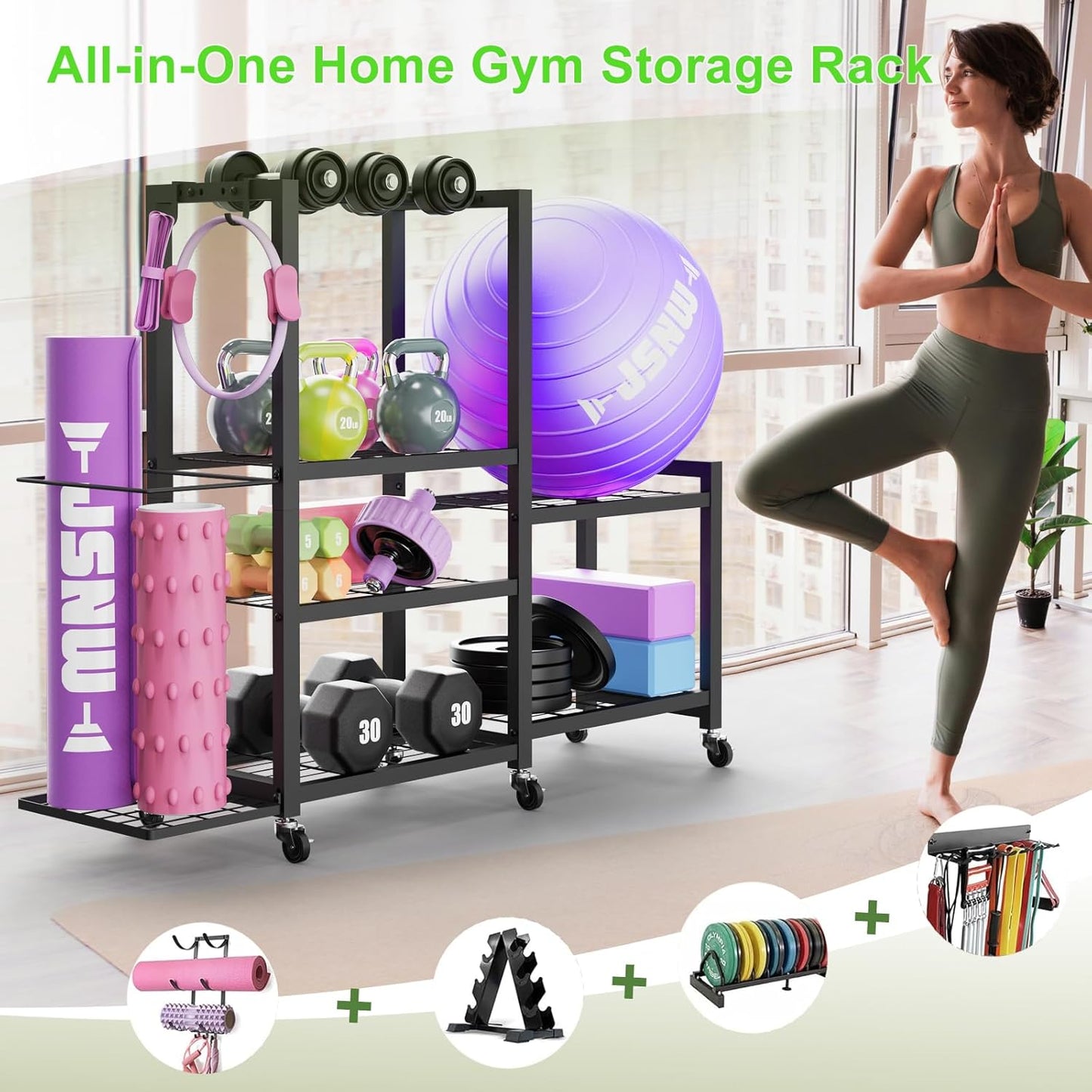 6-Tier Multi-Functional Home Gym Storage Rack with Wheels and Hooks, Adjustable Weight Rack for Dumbbells Kettlebells Yoga Mat and Balls, Space Saving Workout Equipment Storage Organizer
