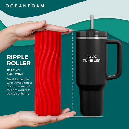 Oceanfoam Ripple Travel Foam Roller (11" x 3.35") Firm Mini Foam Roller for Physical Therapy, Deep Tissue Massage, Back Pain - High Density, Ergonomic Wave Textured - Yoga, Pilates, Exercise (Natural) - Colors B