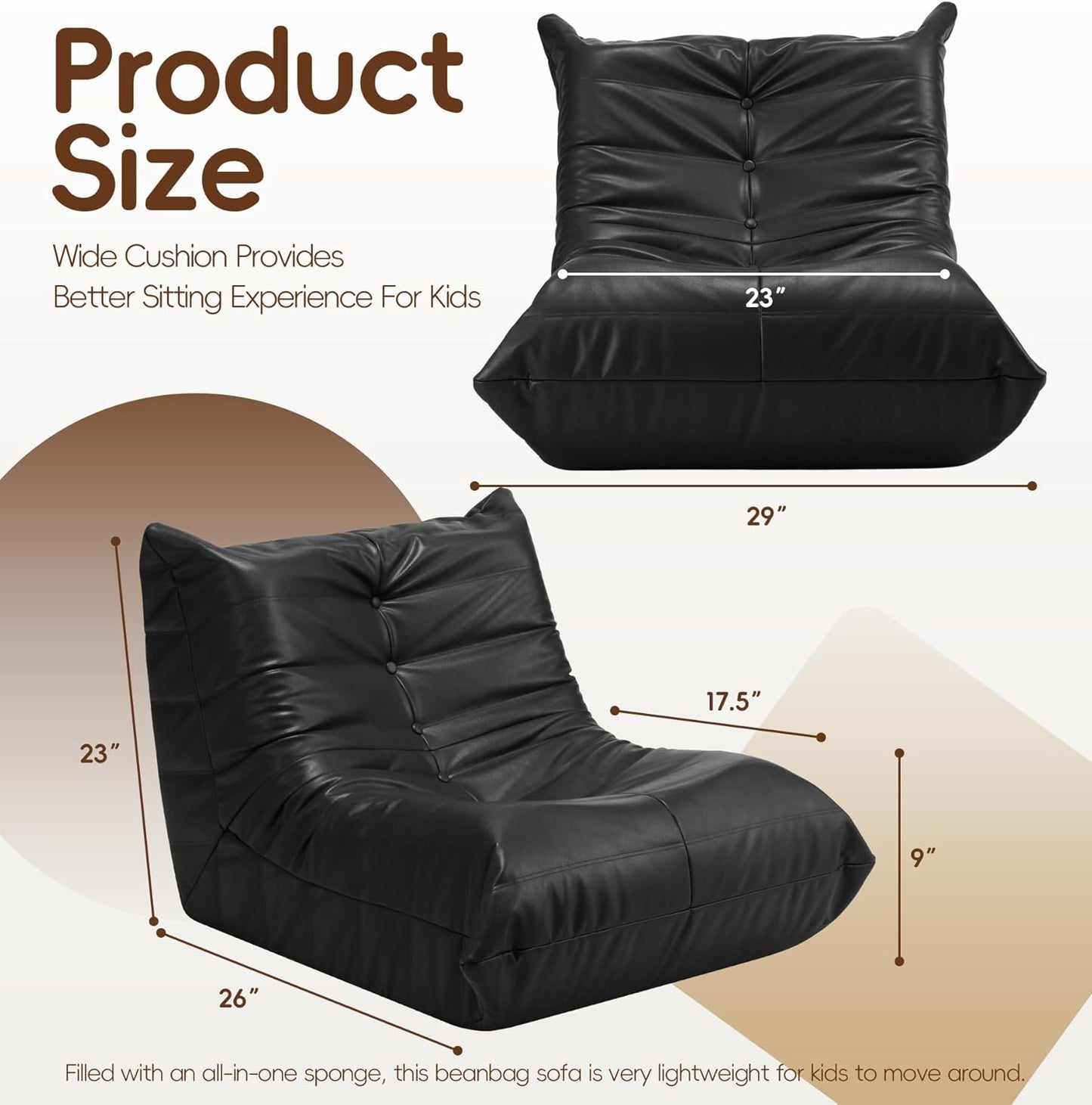 Hobestluk Giant Bean Bag Chair Lazy Floor Sofa, Memory Foam Fireside Sofa for Adults, Big Beanbag Faux Leather Armless Chair for Living Room Bedroom Dorm Office (Brown, Single)