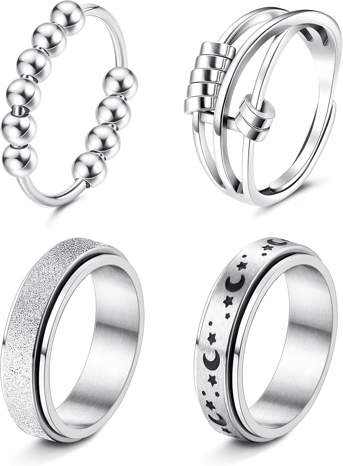 FUNRUN JEWELRY Stainless Steel Fidget Anxiety Ring for Women Men Fidget Spinner Rings Moon Star Celtic Stress Relieving Spinning Ring Wedding Band Rings Set,4-6Pcs