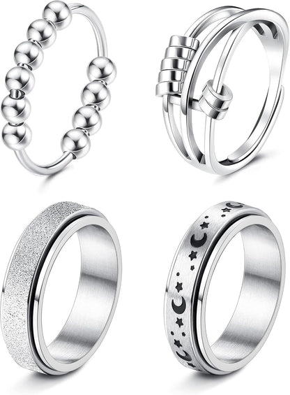 FUNRUN JEWELRY Stainless Steel Fidget Anxiety Ring for Women Men Fidget Spinner Rings Moon Star Celtic Stress Relieving Spinning Ring Wedding Band Rings Set,4-6Pcs