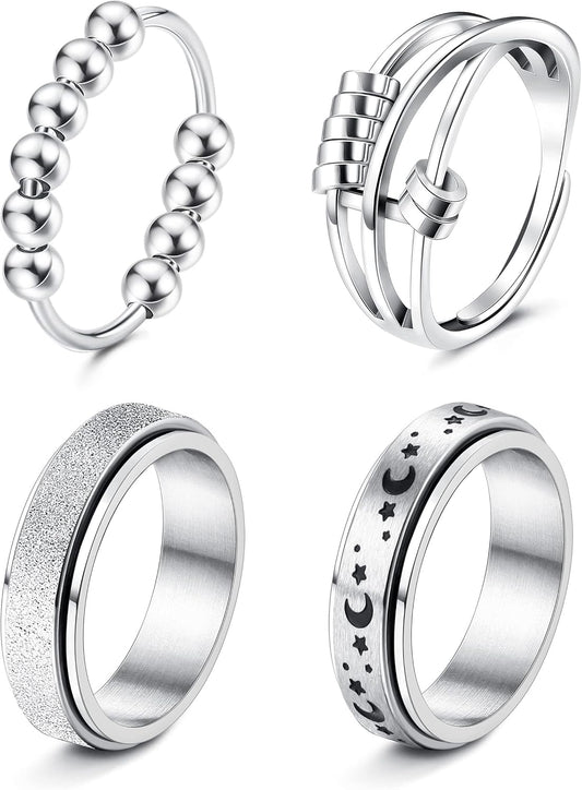 FUNRUN JEWELRY Stainless Steel Fidget Anxiety Ring for Women Men Fidget Spinner Rings Moon Star Celtic Stress Relieving Spinning Ring Wedding Band Rings Set,4-6Pcs