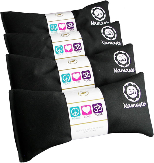 Lavender Eye Pillows - Yoga Eye Pillows Namaste Hot Cold Aromatherapy for Stress, Meditation, Spa, Relaxation Gifts - Made in USA Set of 4 - Black Cotton