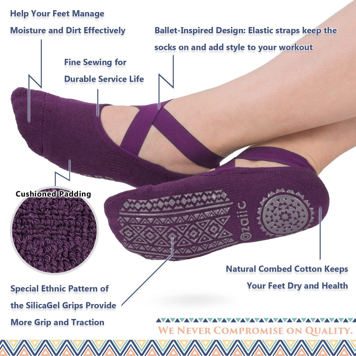 Ozaiic Pilates Socks for Women Non Slip Grip, Yoga Socks with Grippers for Barre, Hospital, Ballet, Dance, Barefoot Workout