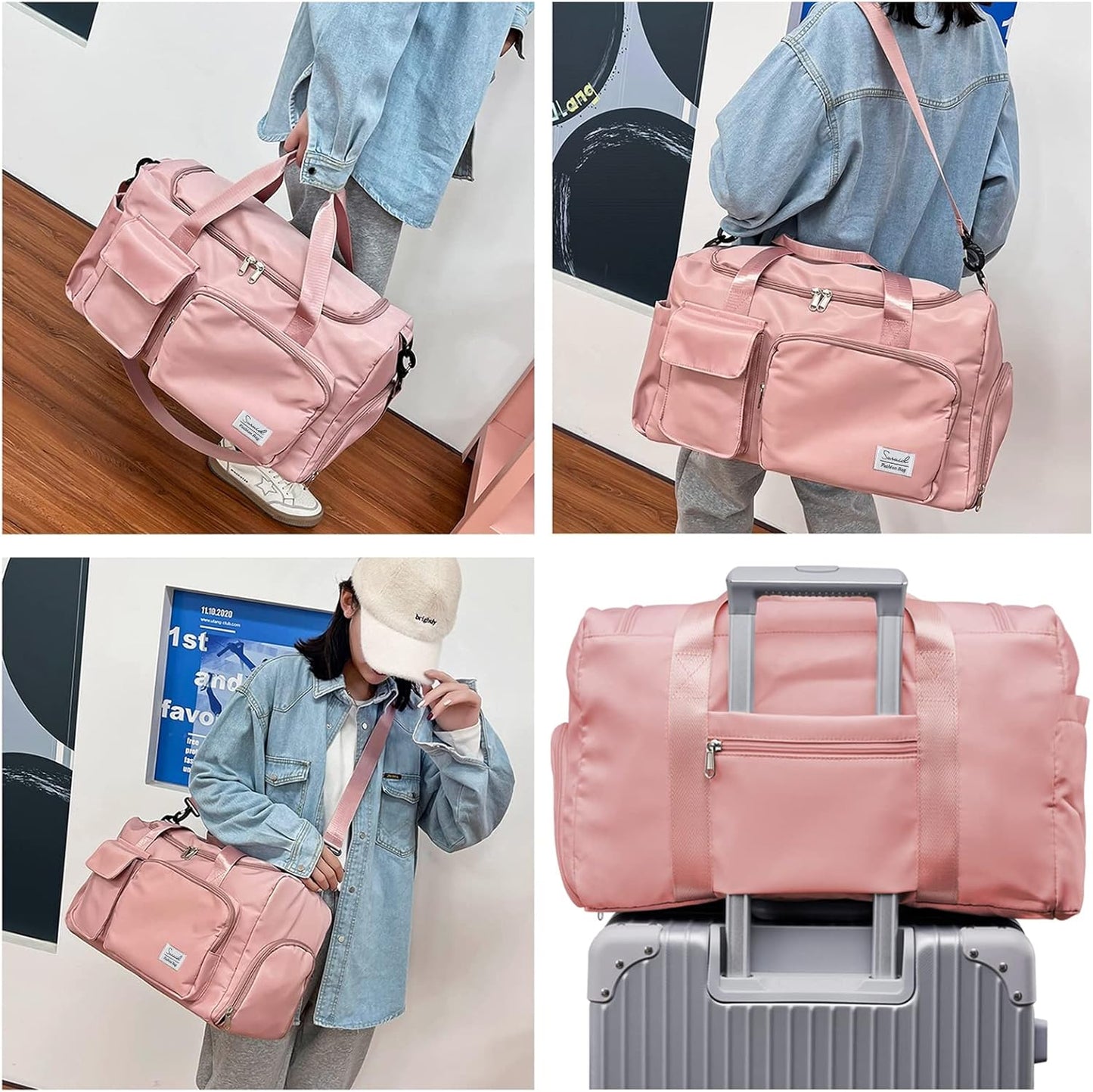 Suruid Travel Yoga Duffel Bag with Shoes Compartment Sports Gym Handbag with Dry Wet Separated Pocket for Training Men and Women, Overnight /Weekender Bag - Pink