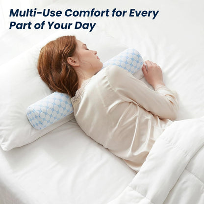 Neck Roll Pillow, Memory Foam Neck Support Pillows, Round Neck Pillows, Cylinder Bolster Pillows for Bed, Couch, and Yoga, Removable Washable Cover,18 * 4.1 * 4.1inch (Cool-Blue)