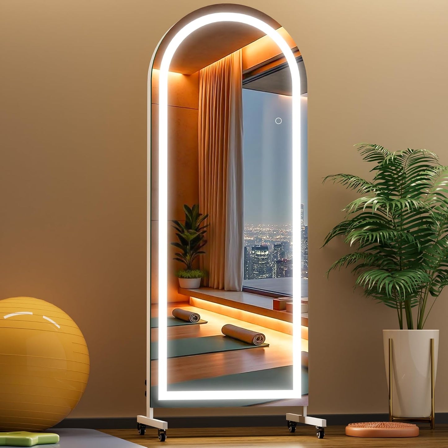 Hasipu 71" x 28" Arched Rolling Home Gym Mirror with Wheels, 360° Swivel Body Mirror with HD Tempered Glass, Large Floor Mirror for Yoga Room, Dance Studio, Bedroom & Home Gym