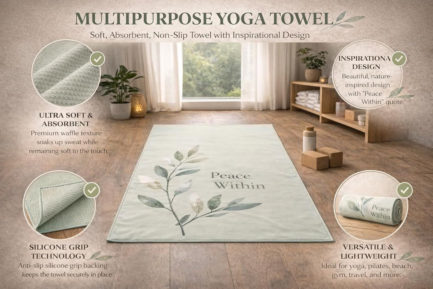 COREMOTION Yoga Towel Non Slip, Waffle Material, Super Absorbent, Quick Dry, Multipurpose for Hot Yoga, Pilates, Gym, 24 x 72, Light Green. Peace Within