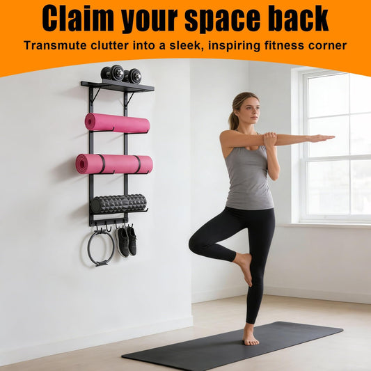 Black Wall Mount Yoga Mat Holder with Floating Shelf & 5 Hooks, Home Gym Storage Rack for Yoga Mats, Foam Rollers and Resistance Bands, Metal