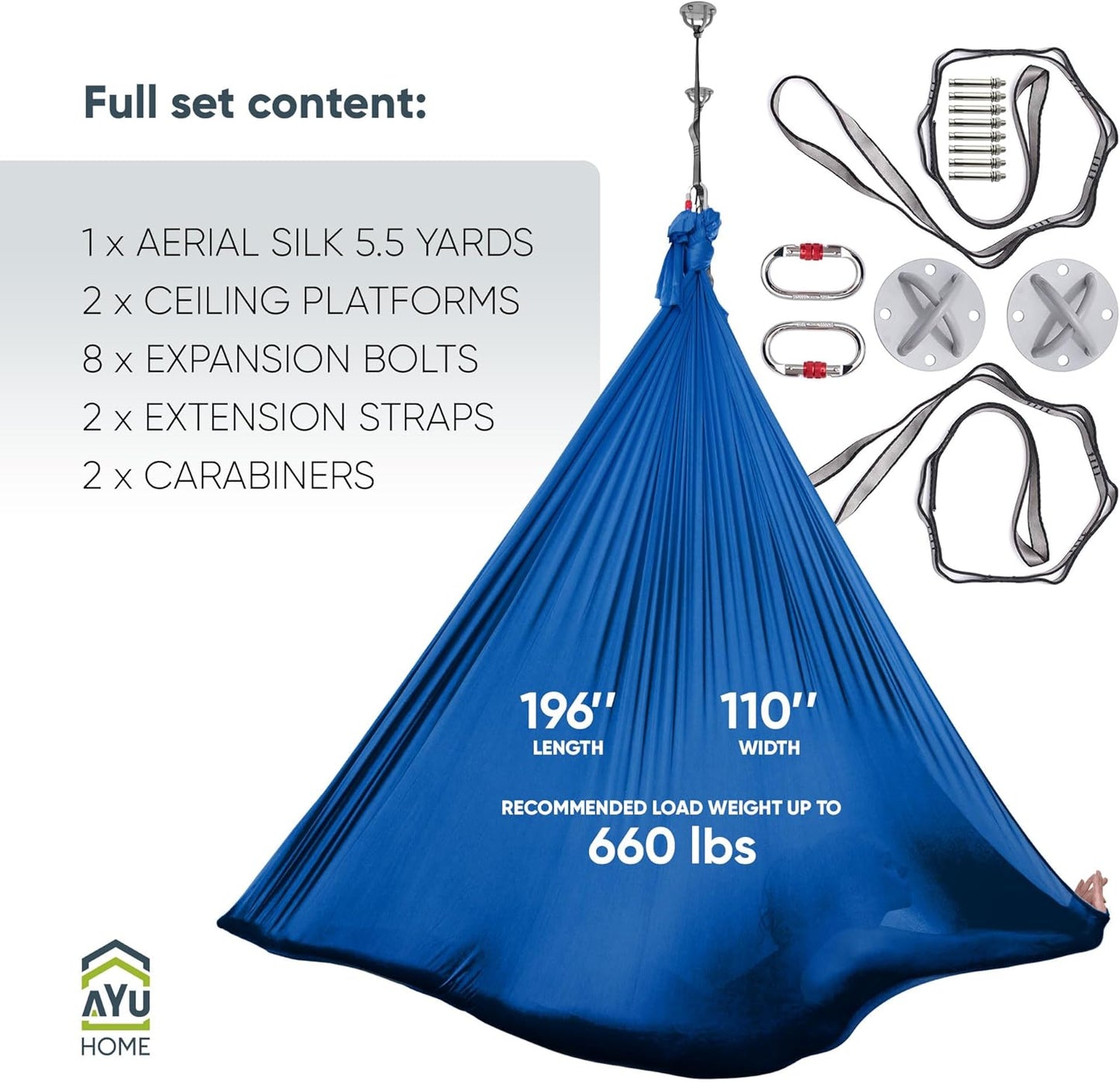 AyuHome Aerial Silks Kit for Home - Premium Yoga Swing for Kids and Adults with 660 lbs Capacity - Versatile Aerial Yoga Hammock for Gymnastics Training