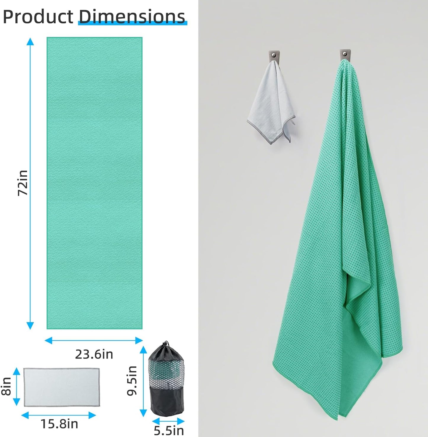 YESLIFE Non-Slip Extra Thick Hot Yoga Towel with One Sweat Towel, Microfiber Sweat Absorbent Yoga Mat Towel with Grip Dot, Pilates Mat, 72" x 24", Light Blue