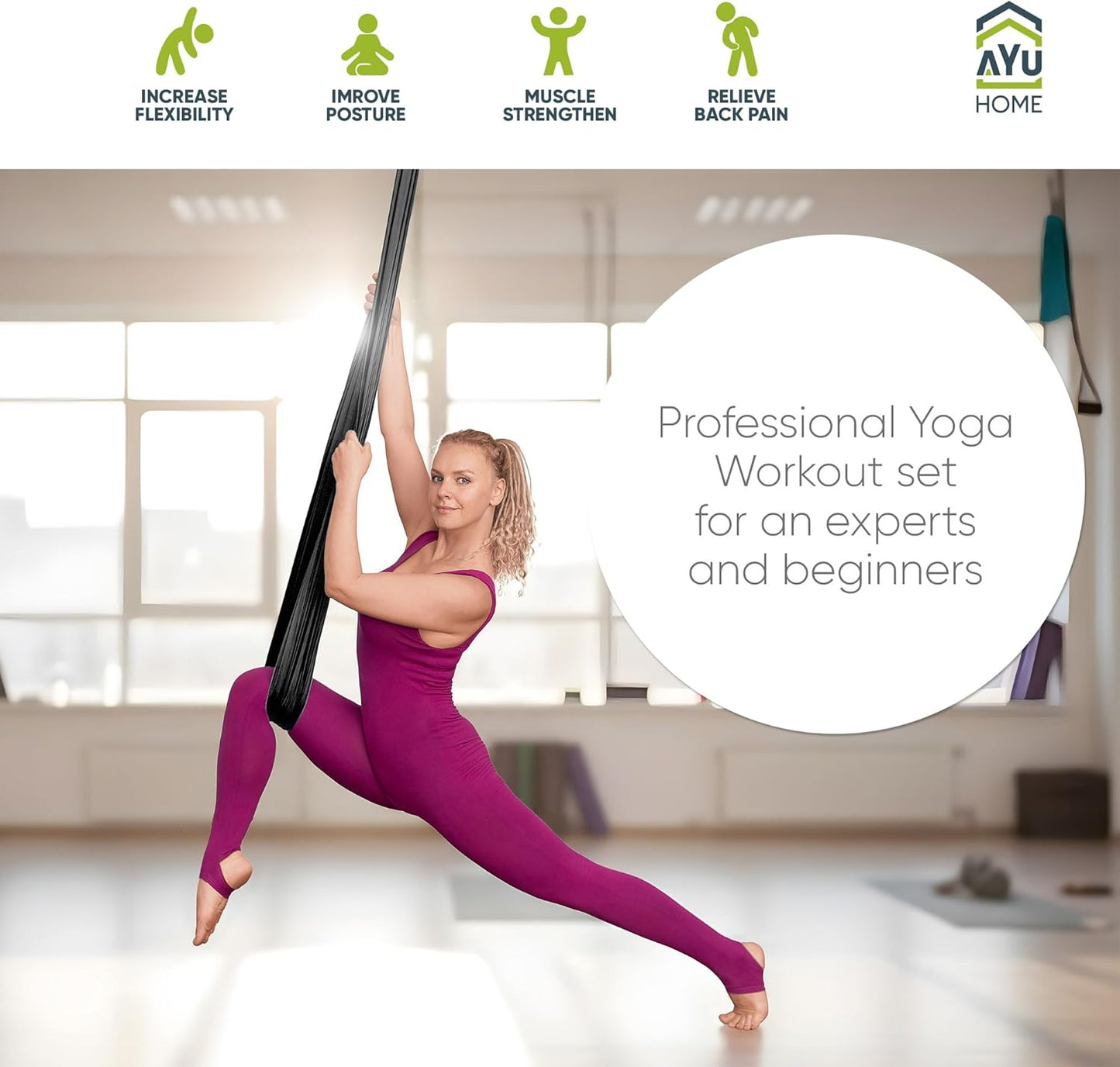AyuHome Aerial Silks Kit for Home - Premium Yoga Swing for Kids and Adults with 660 lbs Capacity - Versatile Aerial Yoga Hammock for Gymnastics Training