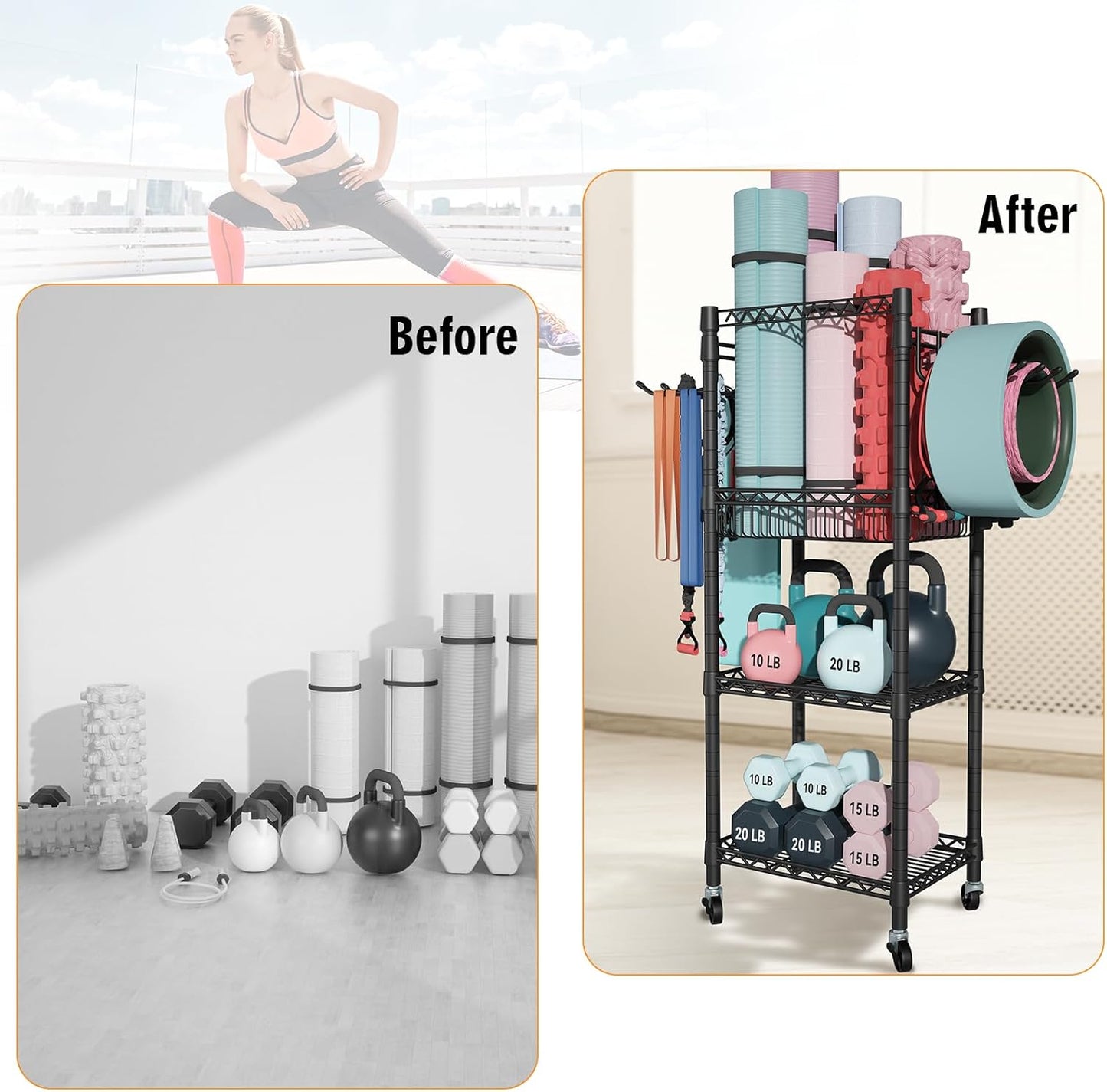 FUTASSI Home Gym Storage, 3 Tiers Workout Equipment Organizer with Wheels for Yoga Mats, Foam Roller, Dumbbells, Kettlebells, and Resistance Bands