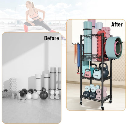 FUTASSI Home Gym Storage, 3 Tiers Workout Equipment Organizer with Wheels for Yoga Mats, Foam Roller, Dumbbells, Kettlebells, and Resistance Bands