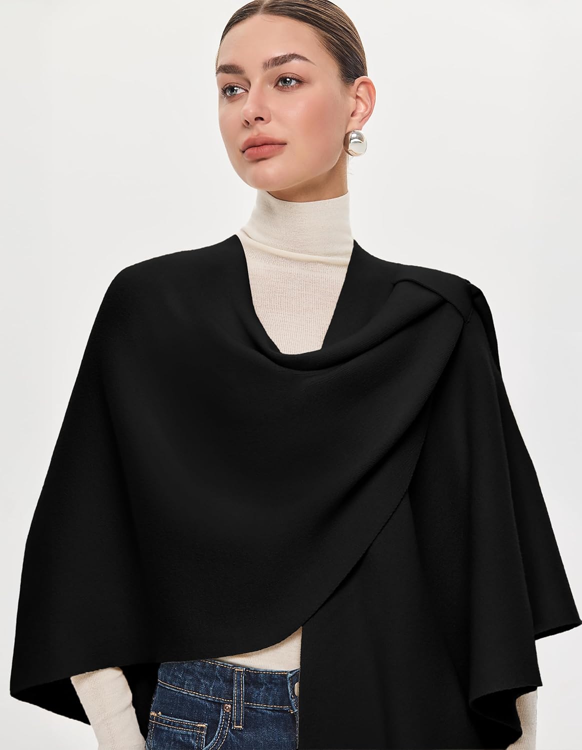 PULI Womens Large Cross Front Poncho Sweater Wrap Topper Knitted Elegant Shawls Cape for Fall Winter