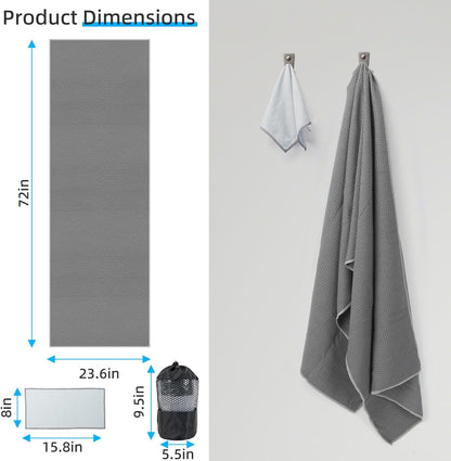 YESLIFE Non-Slip Extra Thick Hot Yoga Towel with One Sweat Towel, Microfiber Sweat Absorbent Yoga Mat Towel with Grip Dot, Pilates Mat, 72" x 24", Light Blue