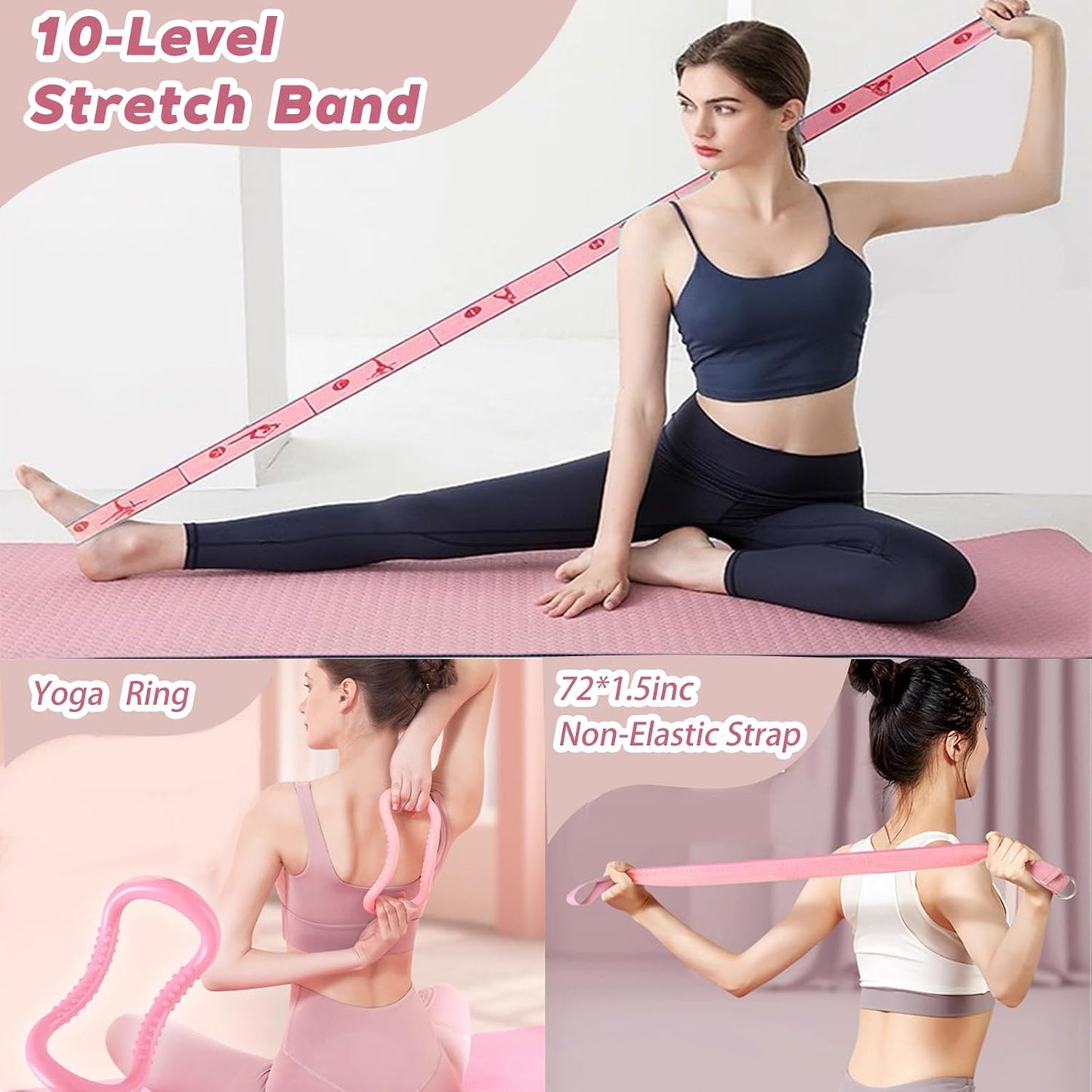 Pilates Essentials Kit for Women, Yoga Exercise Equipment Set for Home Workouts with Mini Ball, Resistance Bands, Sliding Disks & Accessories - Fitness Set for Yoga & Pilates Beginners(Pink)