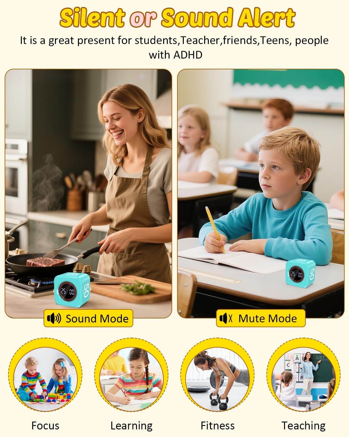 Digital Pomodoro Timer Cube 5/10/25/50min, Visual Productivity Flip Timer for Kids Classroom Desk, Custom Countdown, Silent and Sound Mode for ADHD Study Work Game Kitchen (Black)