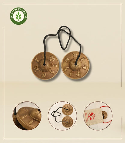 Tibetan Tingsha Bells Cymbals Meditation Chime Bells, 6.3 cm Percussion Instrument, with Cloth Bag, Embossed 8 Lucky Symbols, Ideal for Yoga, Mindfulness, Spiritual Healing, and Sound Therapy