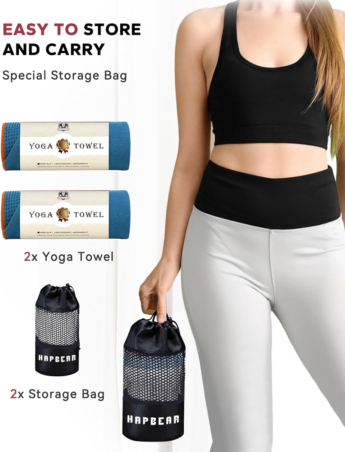 HAPBEAR Hot Yoga Towel with Non-Slip Grip Dots, Super-Absorbent Microfiber Yoga Mat Towel for Sweaty Bikram, Pilates and Studio Workouts - Grey
