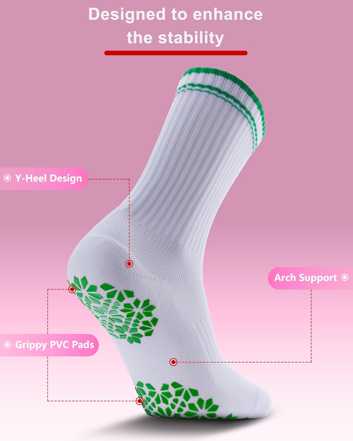 Pilates Grip Socks for Women - Embroidery Athletic Crew, Non-Skid Sticky Soles for Yoga, Barre, Workout & Hospital