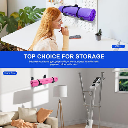 Yoga Mat Holder Wall Mount, 2-Pack Space Saving Yoga Mat Rack for Small Home Gym Storage, Stainless Steel Wall Holder for Yoga Mats, Foam Rollers & Workout Accessories