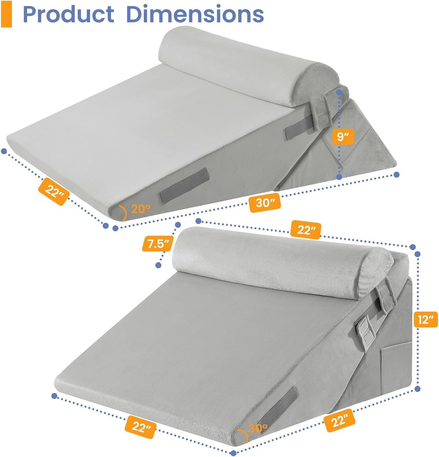 Sasttie Wedge Pillow Set for After Surgery, 2PCS Adjustable Bed Wedge Pillow Headboard with Memory Foam Neck Cushion – for Acid Reflux, Sleeping, Neck & Back Support, Dark Grey