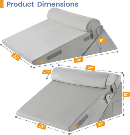 Sasttie Wedge Pillow Set for After Surgery, 2PCS Adjustable Bed Wedge Pillow Headboard with Memory Foam Neck Cushion – for Acid Reflux, Sleeping, Neck & Back Support, Dark Grey