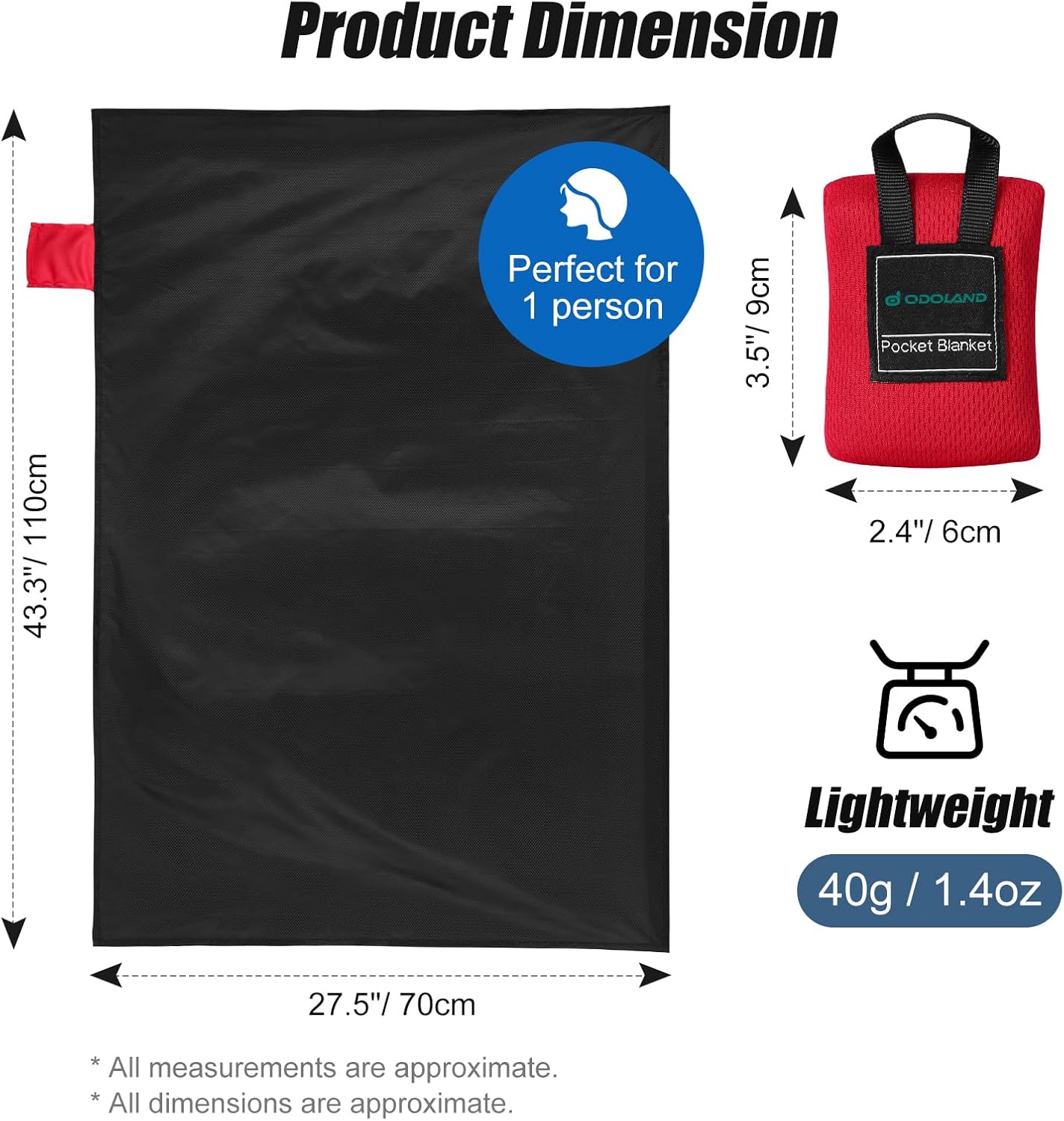 Odoland Beach Blanket Picnic Blanket, 43.3" x 27.5" SandProof Waterproof Outdoor Pocket Blanket with Portable Bag, Foldable Lightweight Sand Free Beach Mat for 1 People Hiking, Camping, Travel, Pink