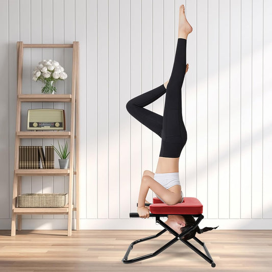 Yoga Headstand Bench Inversion Chair, Foldable Stand Inversion Stool Practice Head Stand Equipment Shoulderstand and Strength Training, Red
