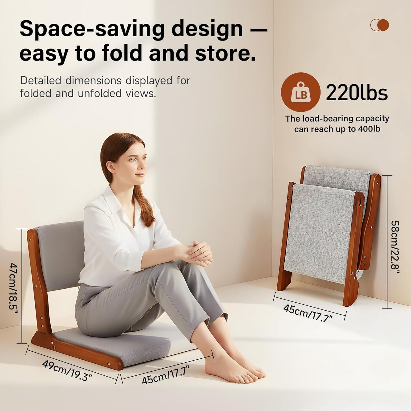 Tiita 2Pcs Floor Games Chair, Foldable Meditation Tatami Chairs, Backrest Chair with Cushion, Living Room Chair Seat, Wood Grey