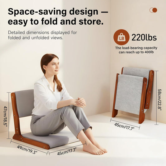Tiita 2Pcs Floor Games Chair, Foldable Meditation Tatami Chairs, Backrest Chair with Cushion, Living Room Chair Seat, Wood Grey