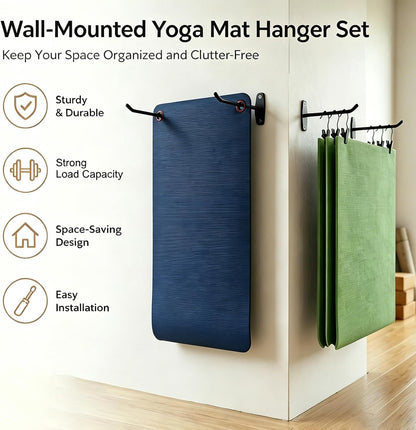 Yoga Mat Wall Mount Hanger ,Metal Yoga Mats Storage Rack, Home Gym Storage with 8 Clips, No-Roll Flat Storage for Folded/Rolled Mats, Foam Rollers, Towels, Resistance Bands, Black Wall Organizer for Gym, Yoga Studio, Bedroom