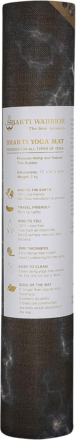 Shakti Warrior Pro Hemp Mat - Artist Designed, Premium Printed Eco-Friendly Non-Slip mat, Great for Regular & Hot Yoga, Pilates, Workouts 72 inch x 24 inch x 3mm Thick