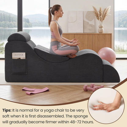 Yoga Chair Lounge for Adult, Ergonomic Foam Chaise Lounge Chair Indoor with Side Pocket, Headrest, Waist Pad, Ottoman, Perfect for Stretching, Massage, and Relaxation, No Assembly Required(Black)