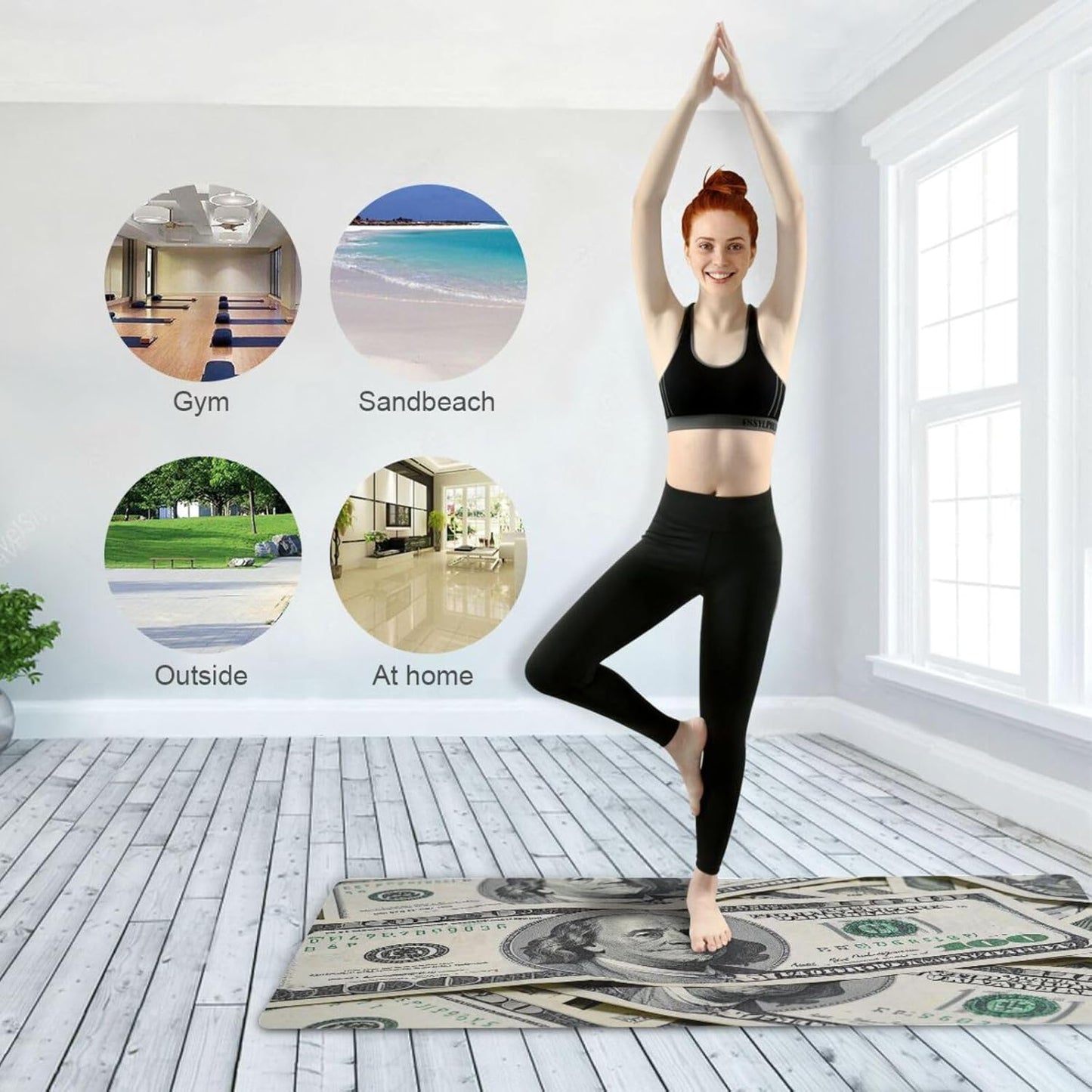 Dollar Cash Rich printed foldable yoga mat for travel For hot yoga, natural rubber non slip, with yoga mat storage tapete para ejercicio 71x26 inches