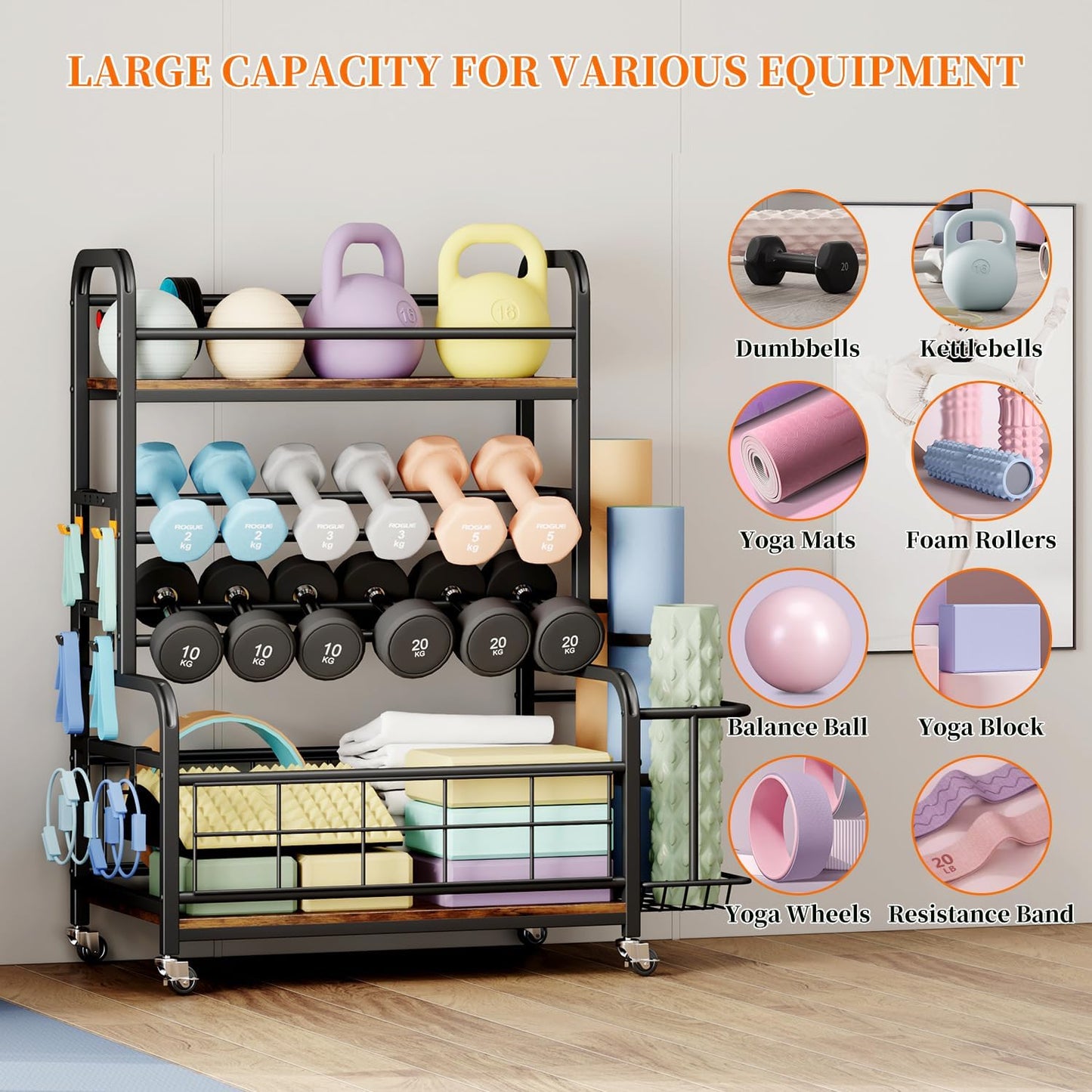 Homeiju 450LBS Dumbbell Rack,Weight Rack for Dumbbells,Weight Rack for Home Gym,Home Gym Storage for Strength Training Dumbbell Racks Stand with Wheels&Hooks