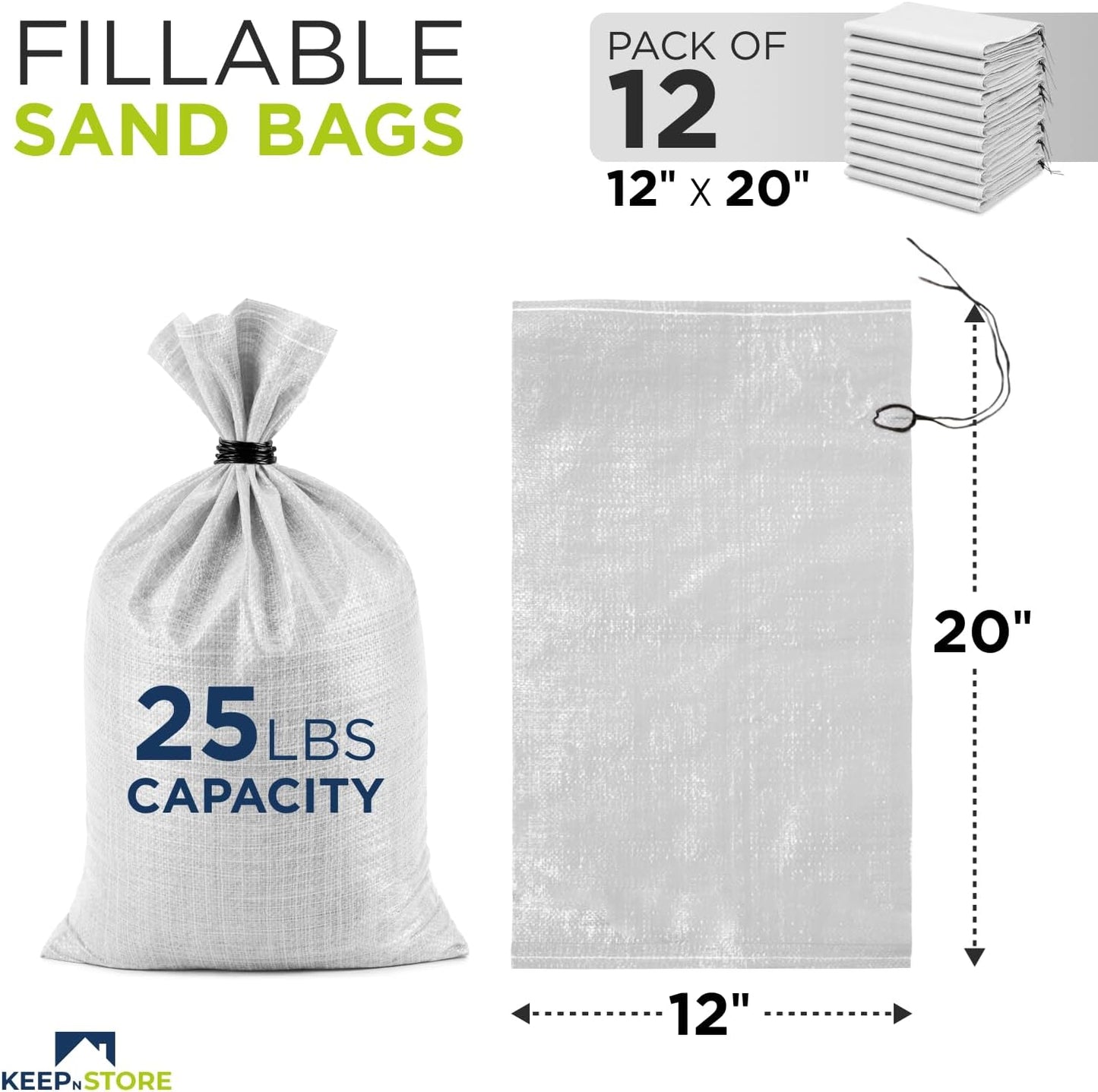 Heavy Duty Sand Bags Pack of 3, White Empty Sandbags with Built-In Ties, Woven Polypropylene UV Protection 1600 Hours, Fillable Sand Bags for Flood Control, Weight, 10x14 inches, 15 Pounds Volume