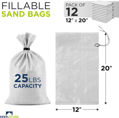 Heavy Duty Sand Bags Pack of 3, White Empty Sandbags with Built-In Ties, Woven Polypropylene UV Protection 1600 Hours, Fillable Sand Bags for Flood Control, Weight, 10x14 inches, 15 Pounds Volume