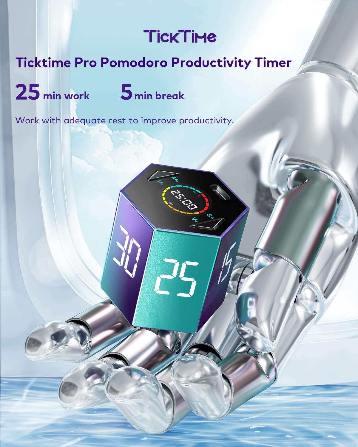 Ticktime Pomodoro Timer, Productivity Timer Cube, 3/5/10/15/25/30 Min Presets, Custom Countdown & Stopwatch 1s–99m59s, Sound/Vibration/Silent, Magnetic, Rechargeable, for ADHD Study Work, Gray