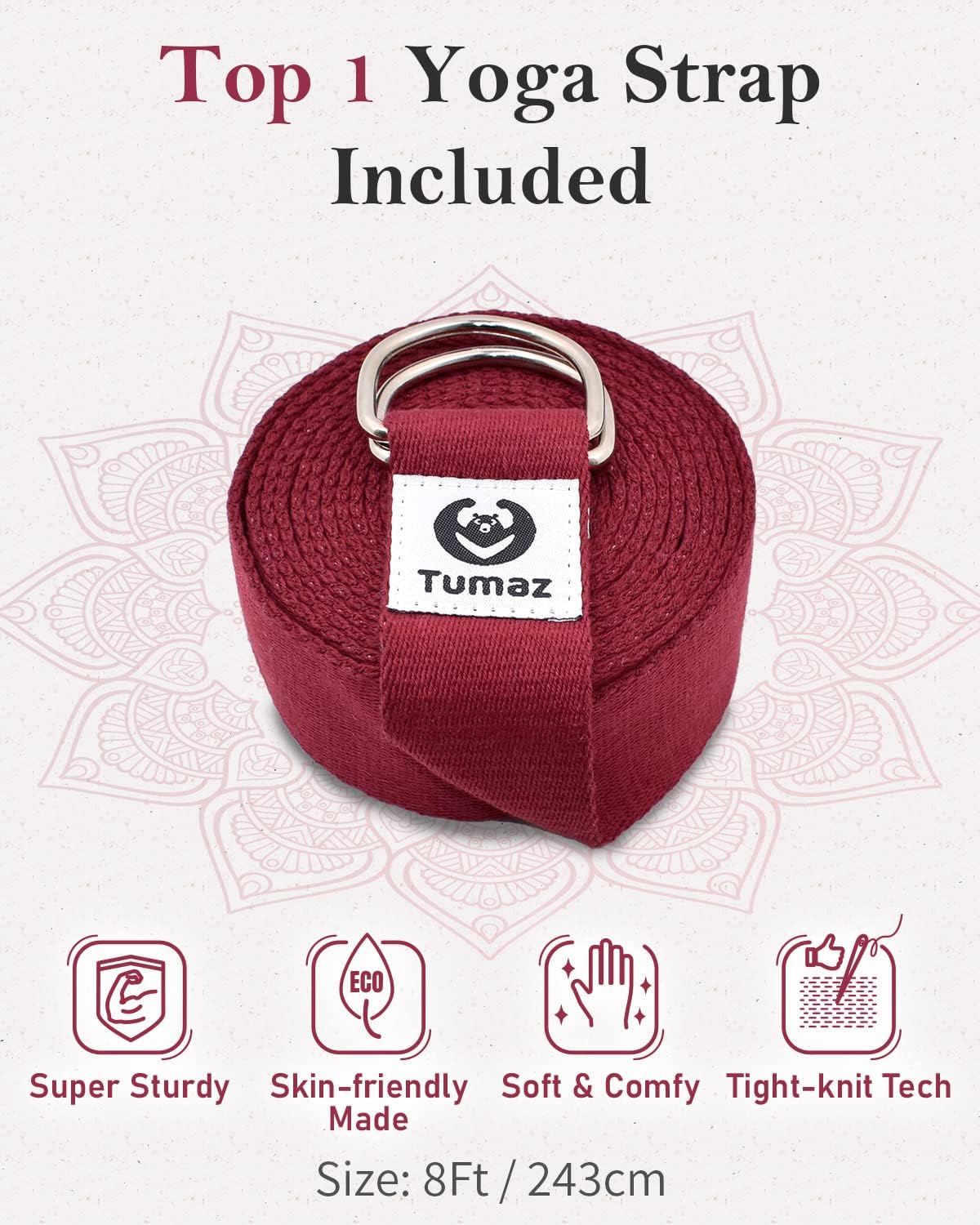 Tumaz Yoga Bolster Set - Rectangular Bolster Pillow for Restorative Yoga, Soft Meditation Pillow with Carry Handle and 8-Feet Strap, Machine Washable Cover