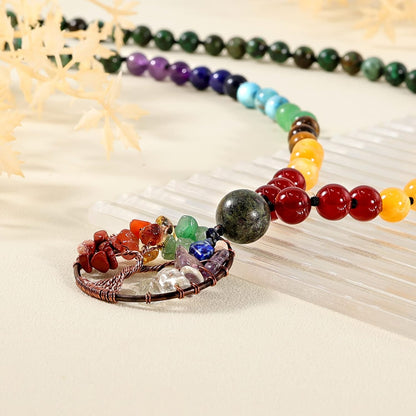 Bivei 108 Mala Beads Necklace Life Tree 7 Chakra Wrap Bracelet Real Healing Gemstone Yoga Meditation Hand Knotted Mala Prayer Bead Necklace