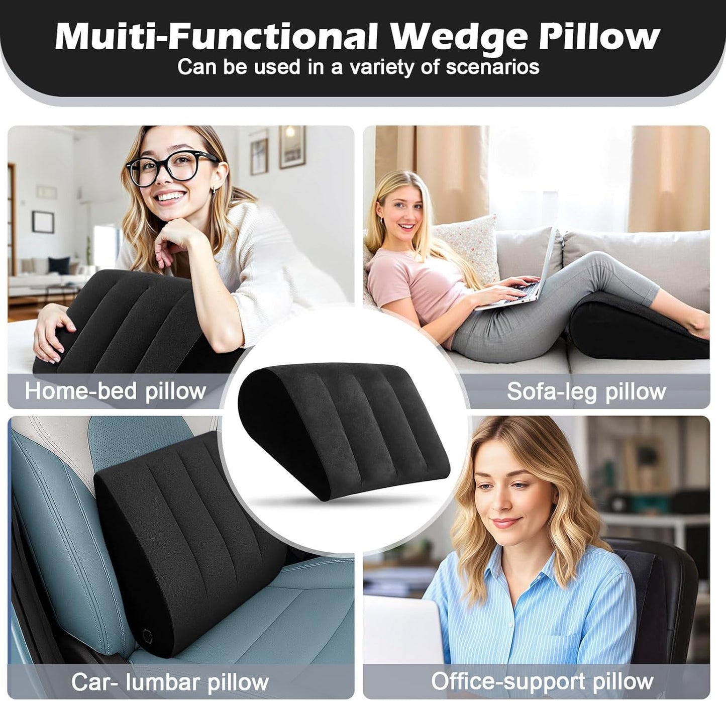 Prosixtoy Portable Wedge Pillow Inflatable Cushion - Body Positioners Lightweight Wedge Pillow for Sleeping, Leg Elevation, Use in Bed, Travel, Camping, Fast Inflating Deflation (Black)