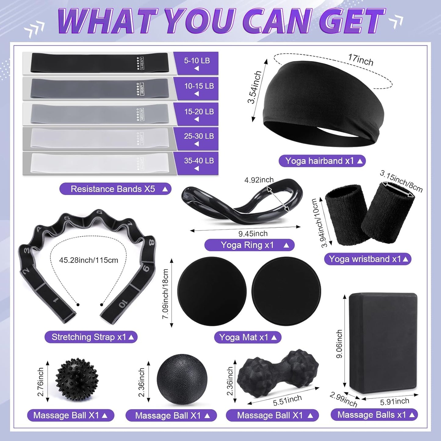 Halloscume 24 Pcs Home Pilates Essentials Kit for Women, Pilates Equipment Ring and Ball Set with Stretching Strap, Water Bottle, Magic Circle, Yoga Ring, Gym Bag, Resistance Band, Anti Slip Socks